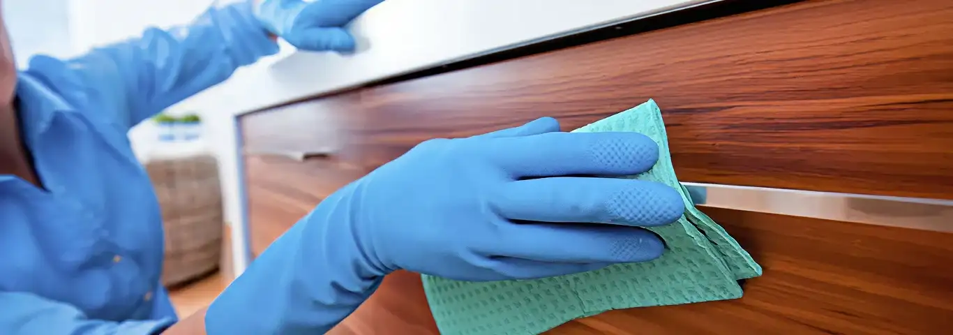 Cleaner wearing blue gloves wiping a wooden cabinet drawer with a microfiber cloth for dust and grime removal, Henderson, NV.