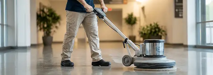 Professional technician using an industrial floor buffer to polish and maintain shiny commercial flooring in a corporate hallway in Henderson, NV.