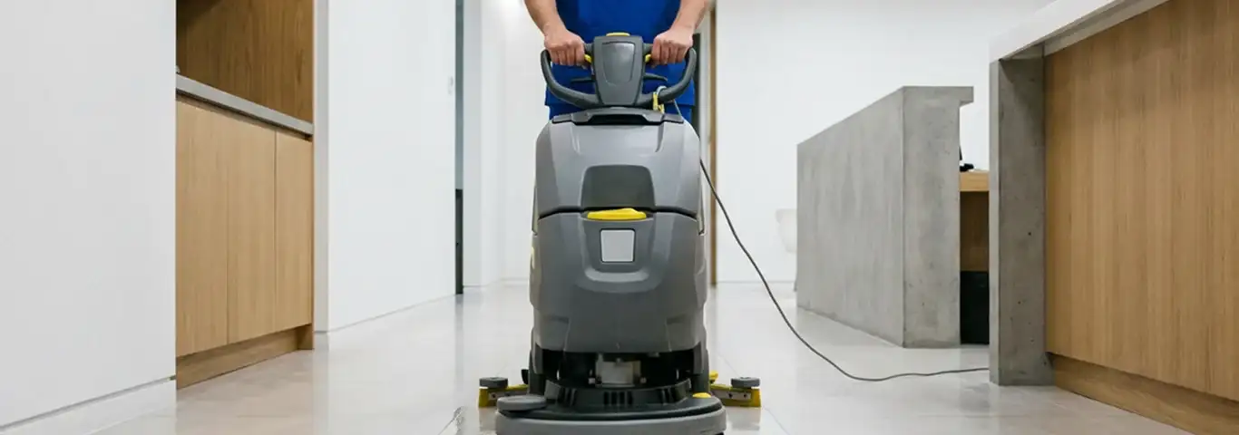 Janitorial staff using a floor scrubber machine to clean a commercial hallway, Henderson, NV.