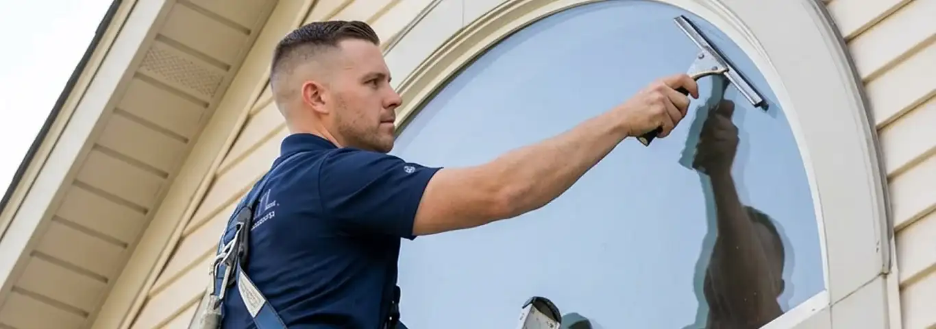 Professional window cleaner using a squeegee to clean an exterior arched window on a home, Henderson, NV.