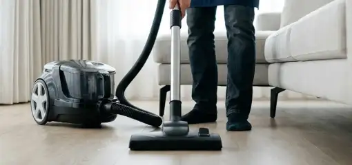 Professional house cleaner vacuuming a living room floor with a canister vacuum cleaner, Henderson, NV.