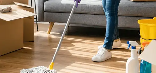 Move-out cleaning setup with a cleaner mopping hardwood floors near moving boxes and cleaning supplies, Henderson, NV.