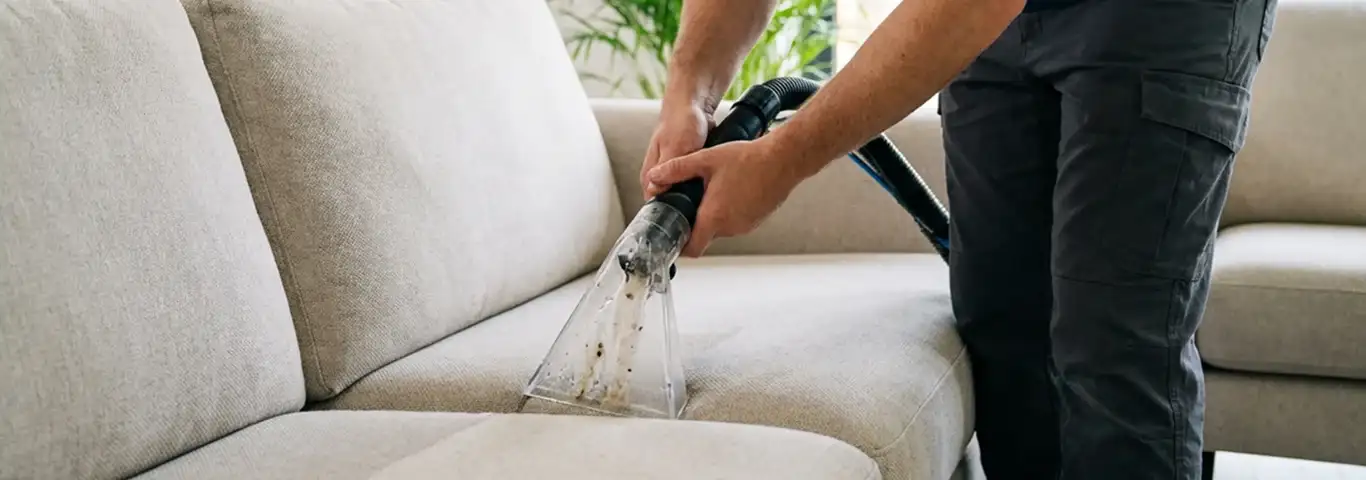 Technician extracting dirt and moisture from a fabric sofa with an upholstery cleaning wand, Henderson, NV.