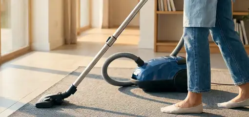 Person vacuuming a living room rug with a canister vacuum cleaner near large windows, Henderson, NV.